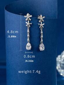 长款锆石水滴耳环，女士优雅奢华流苏铜耳环 - 銀色 - 查看 5