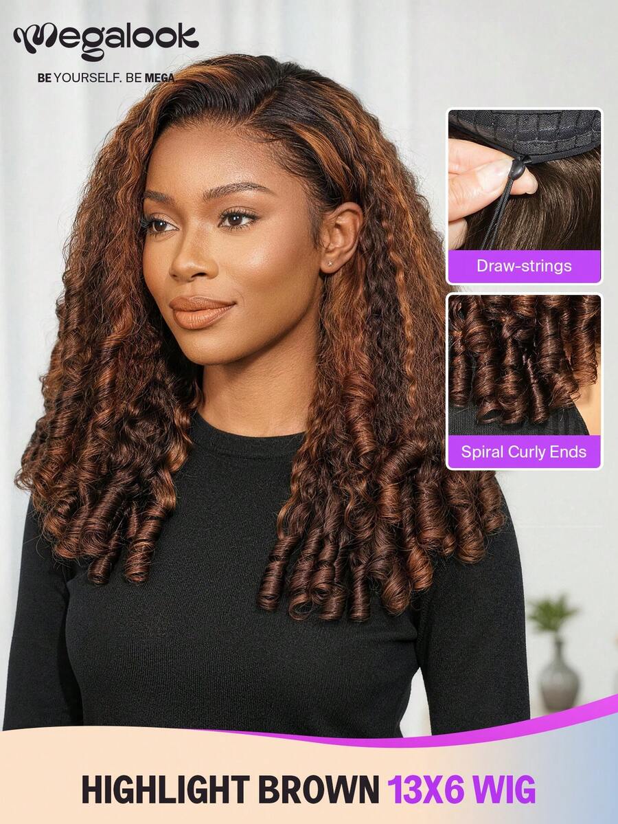 MEGALOOK 13x6 深棕色挑染水波纹发尾缅甸卷发假发升级版 13x6 Three-Go™ 无胶假发 中号假发帽带抽绳 预剪耳到耳蕾丝 隐形结 自然发际线 透明蕾丝前假发 挑染颜色 无需胶水 新手友好 耐用持久 轻盈舒适 全天佩戴 极少掉发 适合女性日常使用 - 彩色 - 查看 1