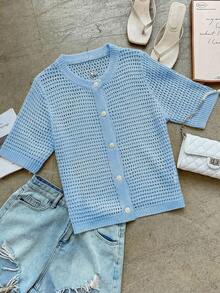 Áo khoác cardigan dệt kim tay ngắn cổ tròn mới mùa hè của FOR BEAUTY, áo nữ dáng rộng khoét lỗ mỏng cài nút màu xanh dương, kiểu dáng thường ngày đa năng, phù hợp cho đi mua sắm, dạo phố, đi chơi, lễ tốt nghiệp, tiệc tùng mùa xuân. - Màu xanh nhạt - Xem 7