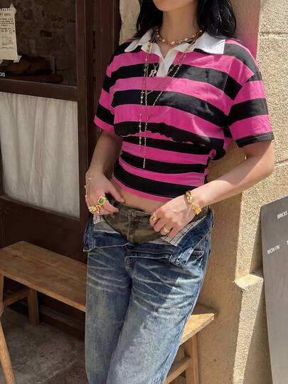 2026 New HoloChill Women's Casual Colorblock Striped Polo Collar Short Sleeve Knit Pullover Top, Summer Versatile Fitted T-Shirt, Women's Spring Apparel, Women's Holiday Party Top, Women's Beach Outfit, Women's Elegant Summer Vacation Wear