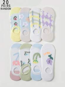 1/5/10/15/20双随机款女士春夏薄款花卉字母印花网眼透气防滑隐形低帮船袜，时尚百搭 - 彩色 - 查看 12