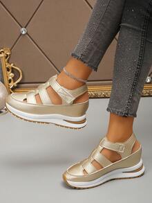 Women's Wedge Heel Thick Sole Sneakers Summer New Style Women's Casual Flat Shoes Breathable Women's Shoes (Size Runs Small 1 Size) - Gold - View 4