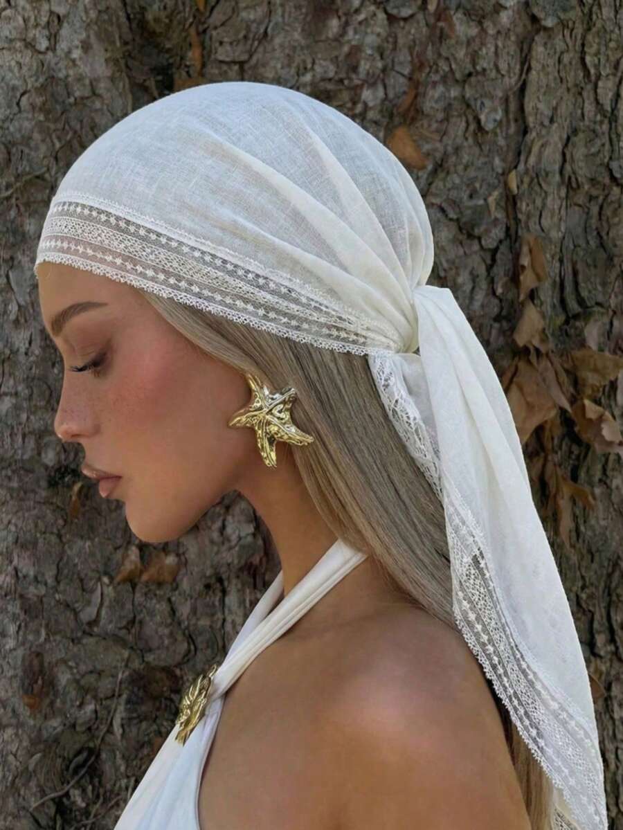 1pc Women's Elegant Solid Color Square Lace Trim Headscarf, Multifunctional As Headscarf, Shawl And Hair Accessory, Suitable For Use In Mosques, Fashionable Casual Accessory For Summer - trắng - Xem 1