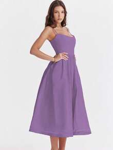 Gaun Wanita Ukuran Besar Warna Polos Seksi Leher U dengan Pinggang Berkerut dan Model Mengembang, Gaun Pesta Elegan Musim Panas - Purple - View 6
