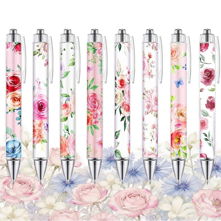 1/4/8/16 pezzi Penne a fiore all'ingrosso, penne a sfera con fiori primaverili, eleganti e raffinate, con inchiostro nero retrattile, per donne, regali di scrittura e giornalismo, forniture per ufficio e scuola, famiglia - fiori - Visualizzare 1