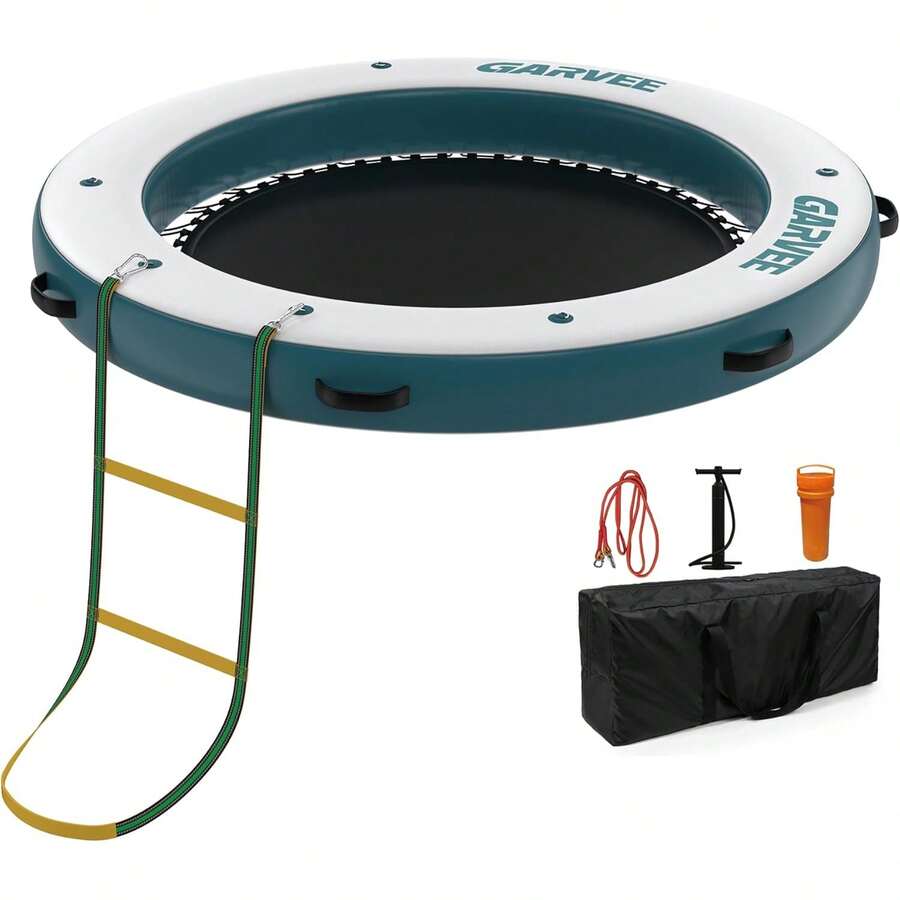 Muelle flotante inflable redondo de 8 pies con hamaca central de 6 pies - construcción de PVC pesada - admite 4-6 adultos - superficie antideslizante - perfecta para reuniones familiares y eventos acuáticos - azul verdoso - Ver 1