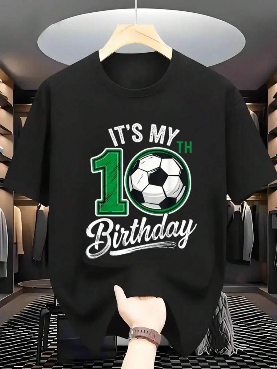 Boys' 10th Birthday Soccer Celebration T-Shirt - Soft Comfortable, Comfortable Short Sleeve Top - Perfect Gift, 10 Years Old, T-Shirt, Best Gift - màu đen - Xem 1