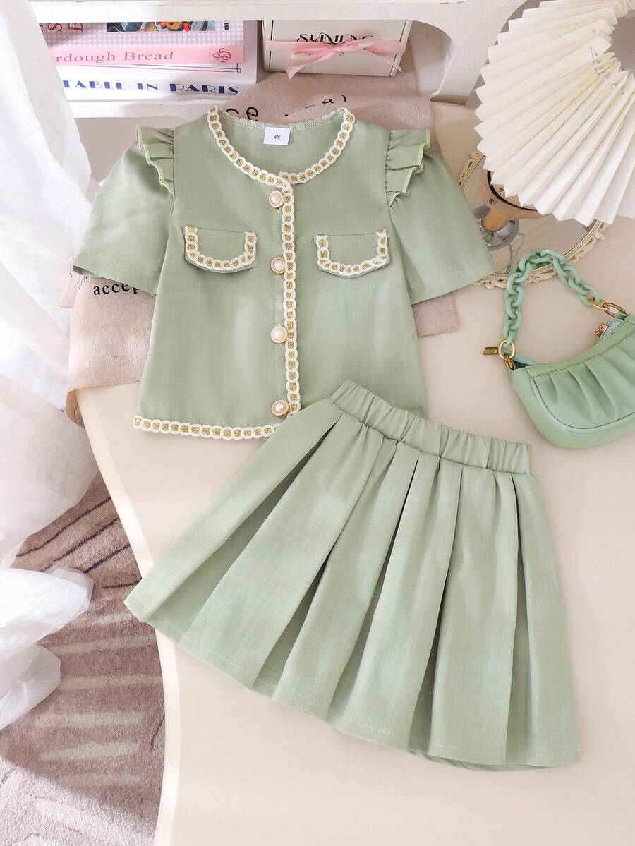Bộ 2 món cho bé gái, gồm áo cổ tròn tay phồng viền bèo nhún thanh lịch và chân váy xếp ly cùng màu, thích hợp cho mùa hè. - màu xanh lá - Xem 1