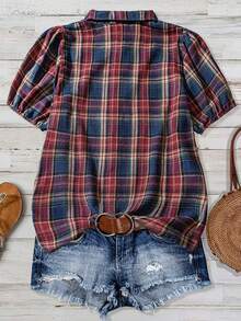 Vintage Red & Blue Contrast Plaid Puff Sleeve Loose Cotton Linen Blouse, Casual Commute Vacation Versatile Top For Summer - Multicolor - View 7