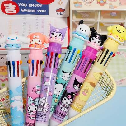 SANRIO Bút bi hoạt hình 10 màu, viết trơn tru, không lem mực, bút đa năng nhiều màu trung tính dành cho học sinh và ghi nhật ký.