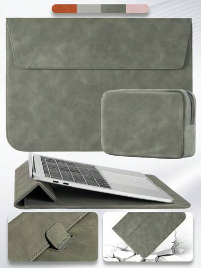 SENLASI Laptopfodral i PU-läder, 3-i-1 med vadderat fäste - ergonomisk handväska för 13/14 tums Air/Pro, bärbar dator med inbyggd musmatta och portföljfunktion, grön
