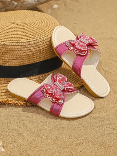 1 Pair Girls' Blue Fashionable Slippers, Shiny Colorful Sequin Double Bow Decor, Minimalist Round Toe Open Toe Soft Non-Slip Slip-On Design, Bohemian Princess Beach Flat Sandals, Suitable For Daily, Vacation, Casual, Holiday, Party, Spring/Summer New Arrival