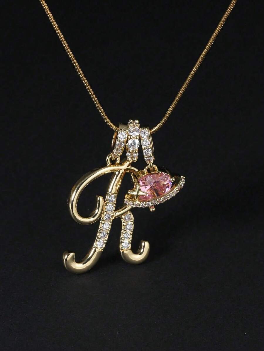 1pc Cubic Zirconia Heart Shaped Necklace With 26 English Letters Design, Classic Retro Pendant Necklace, Suitable For Daily Wear Or Gatherings, Perfect Gift Choice For Valentine's Day - Gold - View 1