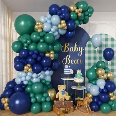107pcs Green And Navy Blue Balloon Arch Set, Gray-Blue And Sage Green Gold Balloon Wreath Set, Suitable For Bear-Themed Baby Shows, Gender Reveals, Bachelor's Parties, Anniversary Decorations, Home Decor, And Jungle Adventure-Themed Birthday Party Decorations For Men.