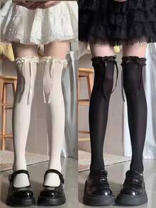 2 Pairs Lolita Socks With Ribbon Bow Trim, Sweet Velvet Over-The-Knee Long Socks, Thin For Spring/Summer - Multicolor - View 1