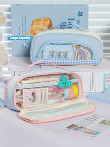 1pc Cute Transparent Window Portable Pencil Bag, Portable Large-Capacity 4-Layer Storage, Contrast Color Design Stationery Pouch, Transparent Compartment, Corduroy Material For Primary School Students - Multicolor - View 7