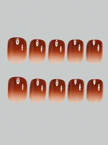 24pcs Short Square Elegant Fashion Red-Brown Tie Dye Glossy Acrylic Nails, Versatile For Dates, Parties, Spring/Summer, Autumn/Winter Daily Wear, Removable Press-On Nails Set With Jelly Gel And File Included, Random Jelly Gel Color - Rust Brown - View 2