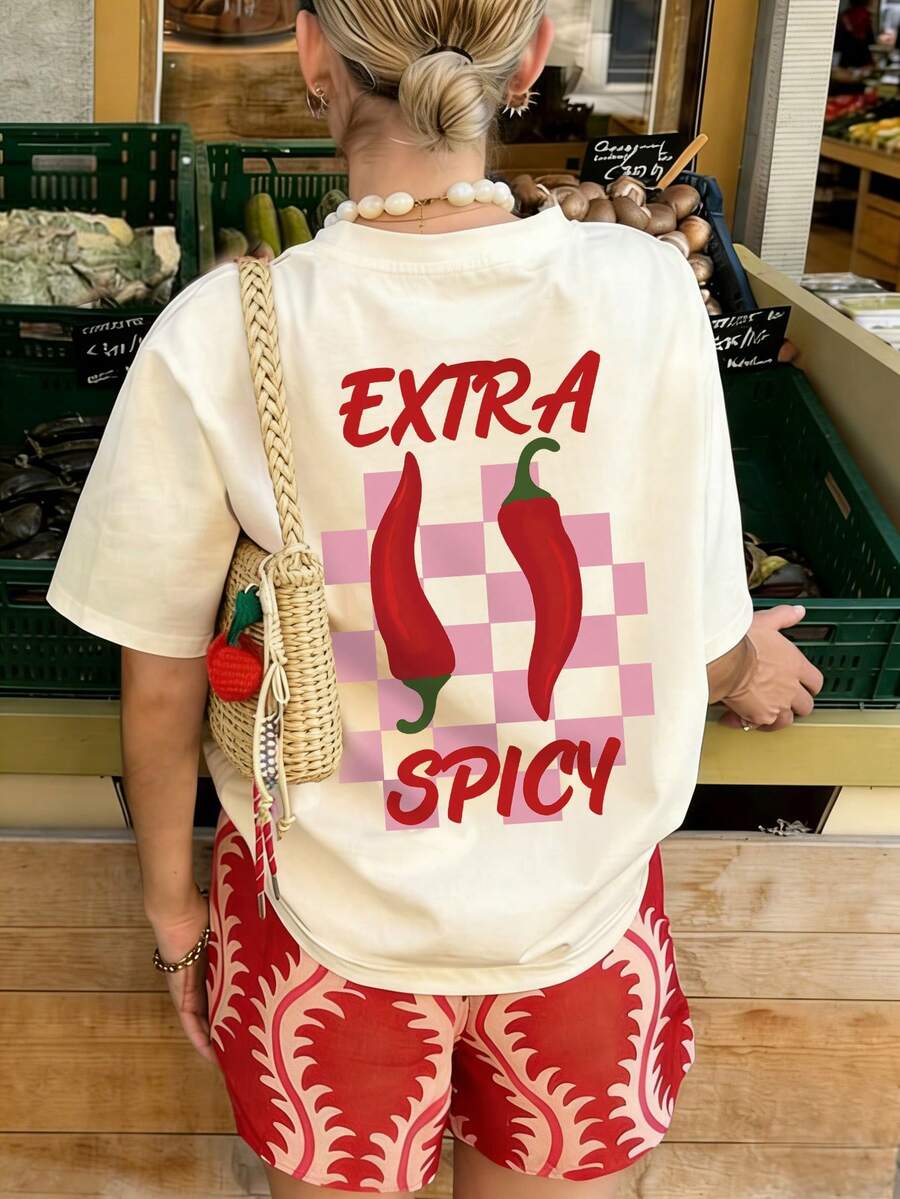 夏季新款休闲辣椒印花圆领扎染短袖T恤，时尚百搭女式上衣 - 杏色 - 查看 1