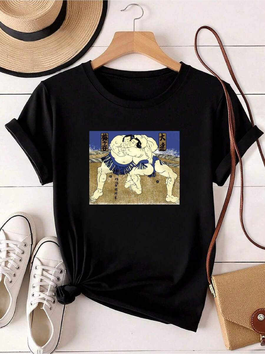 Maglietta da donna con stampa vintage degli anni '70, arte tradizionale giapponese, lottatori di sumo, rara maglietta taglia L - nero - Visualizzare 1