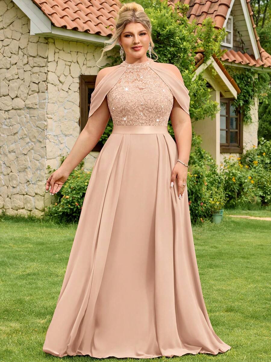MISSMAY Plus Halter Neck Sequin Floral Lace Cutout Shoulder Cape Sleeve Contrast Chiffon Pleated Hem Formal Party Dress Prom Wedding Guest Gown, For Graduation, Dinner - 香檳色 - 查看 1