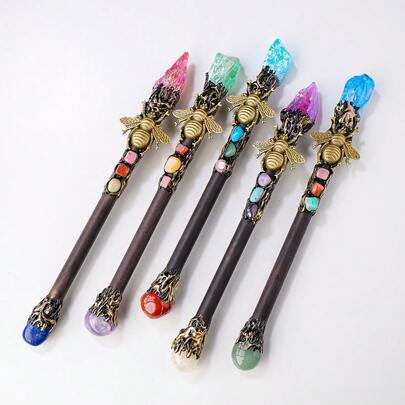 1pc New Electroplated Iridescent Raw Stone Bee Branch Scepter | Magic Positive Energy Crystal Wand, Spiritual Home Decor