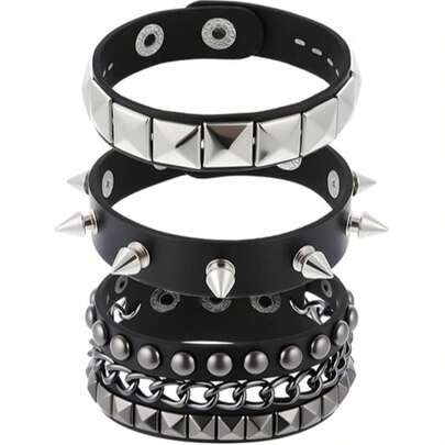 3pcs Punk Rock Leather Bracelets For Women Pop 80s 90s Emo Jewelry Accessories Retro Spiked Adjustable Wrap Wrist Cuffs
