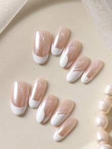 10pcs White Pearl French Manicure Nail Stickers, Office & Daily Wear Fake Nails Set, Includes 1 Sheet Of Nail Stickers And 1 Mini Nail File - Multicolor - View 4