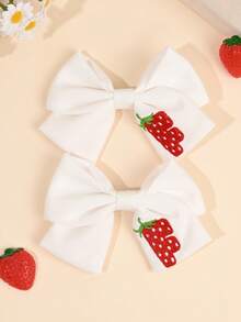 2pcs White Fabric 26 Letters Red Strawberry Embroidered Bow Hair Clips, Suitable For Girls, School And Daily Life Hair Accessories - White - View 6