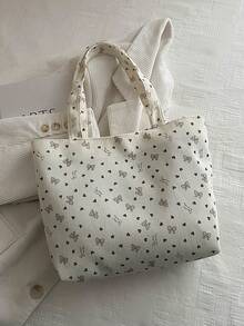 Large Capacity Heart Bowknot New Canvas Bag Girl's Versatile Shoulder Fashion Handbag Commuter Tote Bag - White - View 4