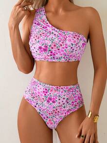 Spring/Summer Floral Print Ruched Bandeau Bikini Set, Sexy Two Pieces Swimwear For Women Vacation Beach - Pinkish-purple - View 1