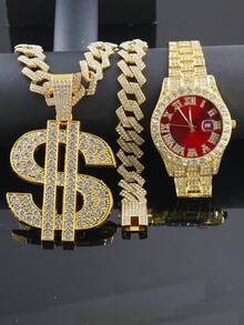 1 Set Dollar Sign Fully Paved Pendant 15mm Rhombus Cuban Link Necklace & Bracelet, Men's Red Dial Watch, Hip Hop Style Accessories Set For Men - Red - View 23