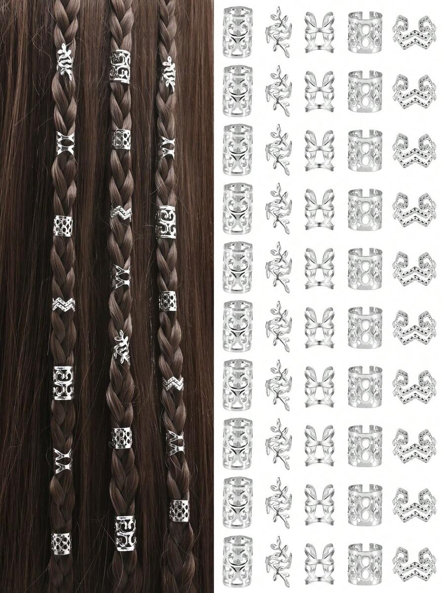 50pcs Alloy Hair Accessories Mix Set, Fantasy Hair Decor, Hair Ties & Clips Suitable For Fantasy Hair Jewelry Decoration - Silver - View 1