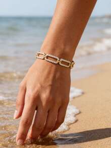 Vòng tay đính pha lê mạ vàng 18K, vòng tay ngọc trai, phong cách Bohemian, vàng 18K, thích hợp cho kỳ nghỉ hè trên bãi biển, làm bằng thép không gỉ, có dây điều chỉnh được. - Vàng - Xem 7