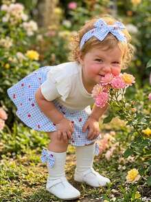 Newborn Baby Girl Summer Clothes Short Sleeves Plaid Skirt Romper Dress Headband Socks Set Fashion Holiday Outfit, Preemie Newborn Baby Girl Clothes - 天藍 - 查看 6