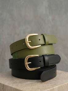 Women's Belt Set With GABI Gold Metallic Buckle In Minimalist Faux Leather - Black and Green - View 1