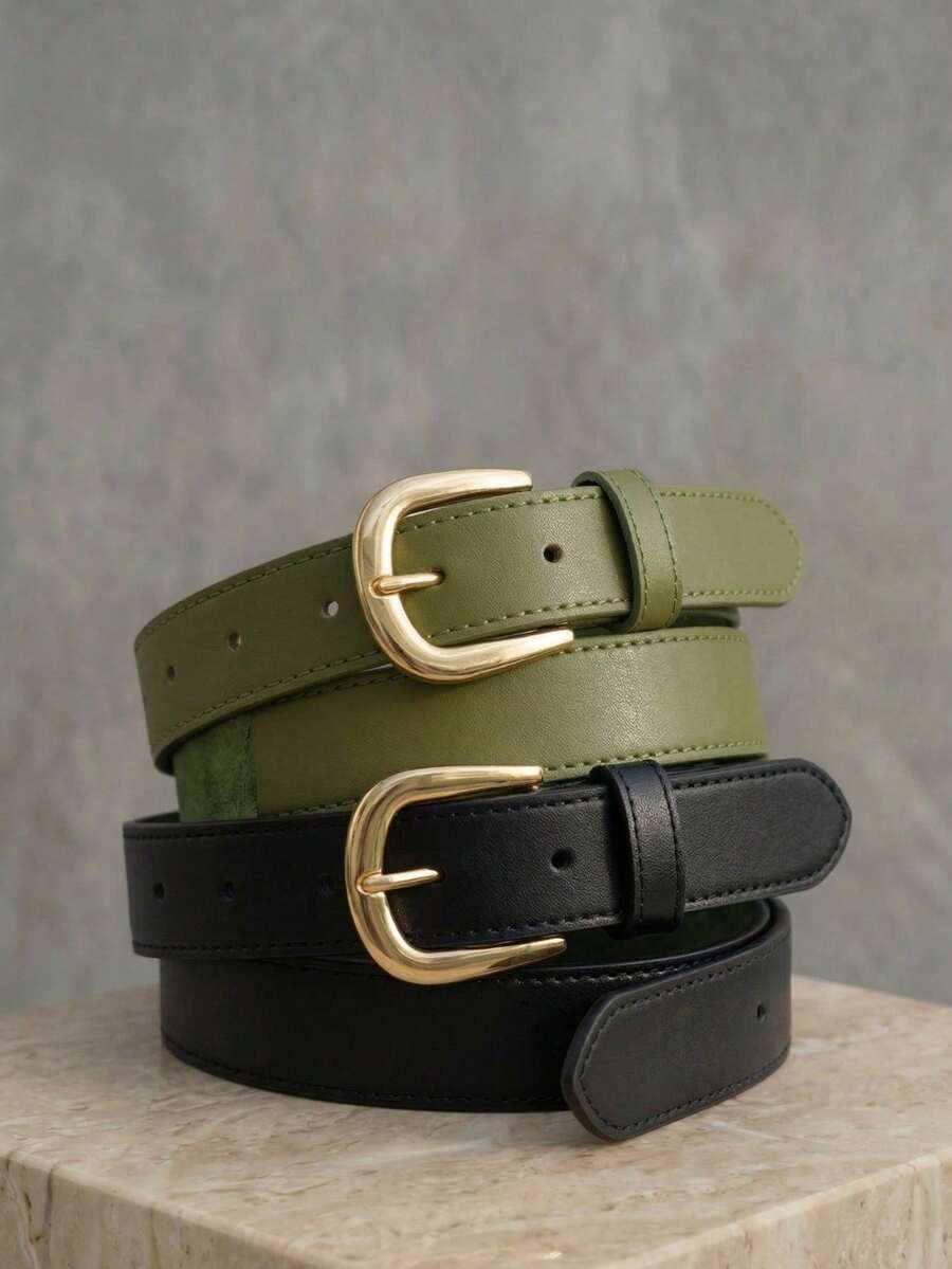 Women's Belt Set With GABI Gold Metallic Buckle In Minimalist Faux Leather - Black and Green - View 1