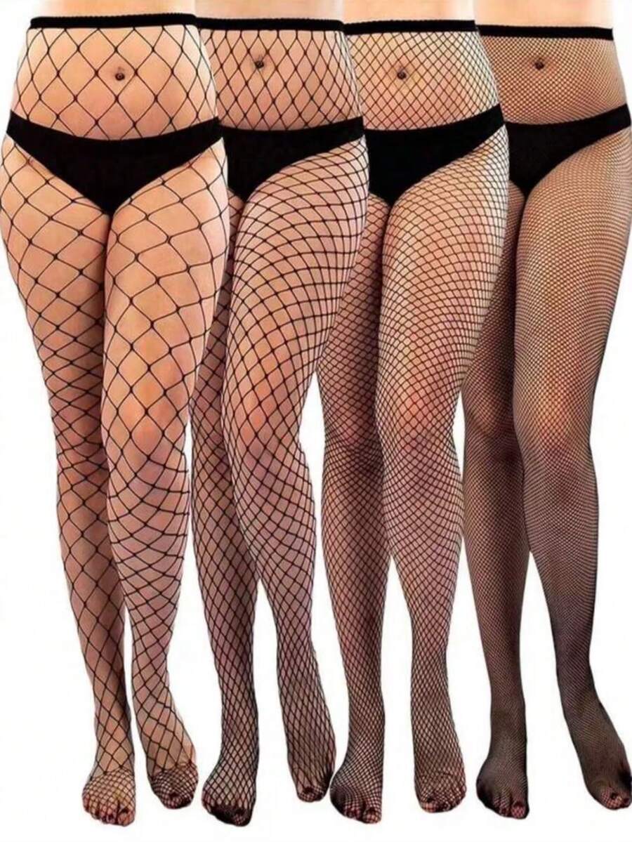 Women's Curve Tights, High Elasticity Skinny Pants, Hollow Fishnet Stockings, Thin Sexy Pantyhose, Y2K Black Sheer Hosiery, Fashionable & Versatile For Daily Wear, Spring/Summer - Black - View 1