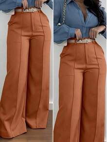 Jessefine Zippered Pockets Wide Leg Pants, Waistless Solid Color Suit Fabric, Brown, Elegant Commute Versatile Office School Daily Wear, Spring/Summer - màu đen - Xem 1