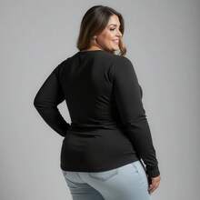 Women's Plus Size Long Sleeve Cotton T-Shirt With Round Neck - 黑色 - 查看 4