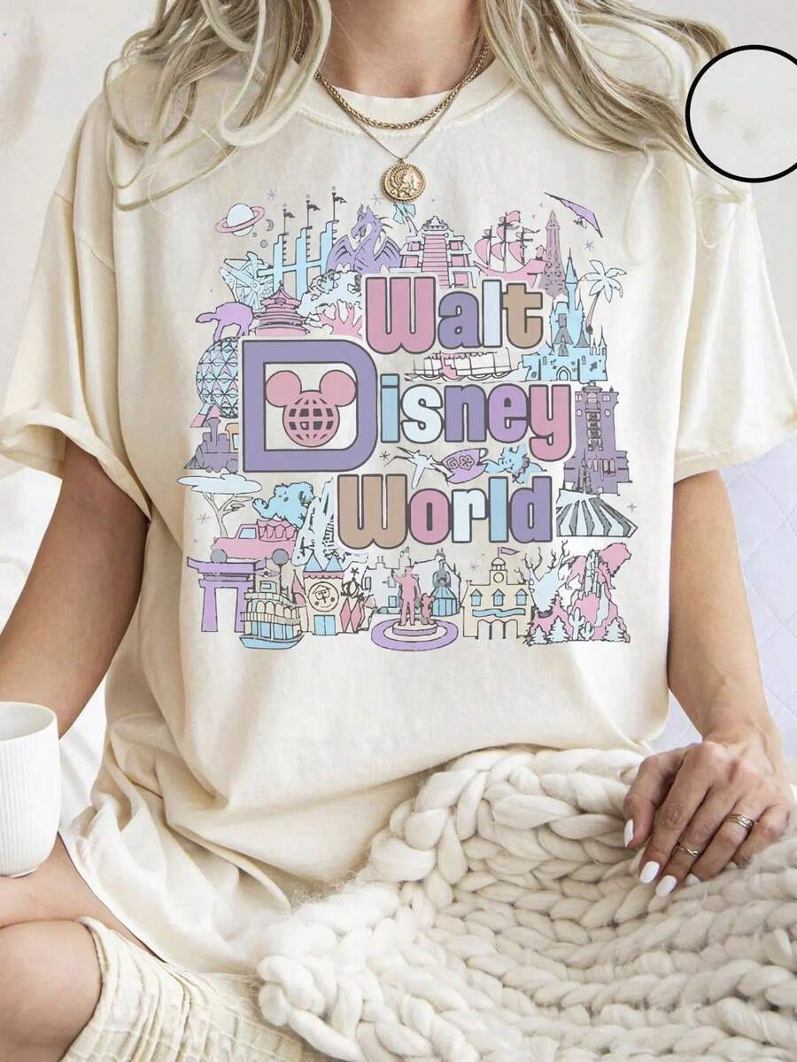 Disney Cartoon Fantasy Castle Flower Illustration Printed T-Shirt, Suitable For Daily Wear, Easy To Wear In Summer, Micro-Elastic, Soft Round Neck Casual Daily Shirt, Round Neck Summer Sweatshirt, Both Men And Women, Loose Version, Holiday Gifts. - 白色 - 查看 1