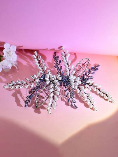 1pc Elegant Pearl Crystal Flower Hair Comb With Sparkling Rhinestone Decor, Suitable For Bride, Wedding, Engagement, Party, Formal Events, And Casual Daily Wear For Women