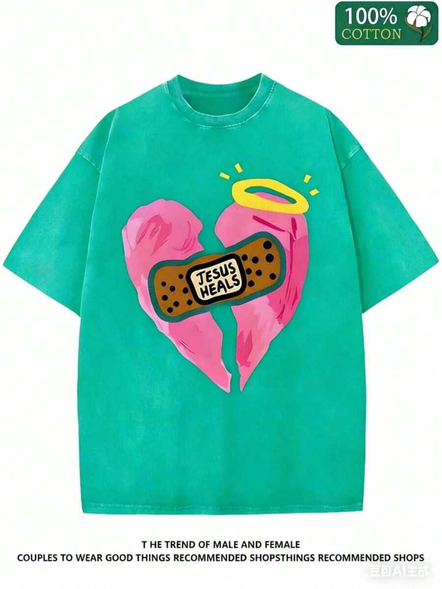 Jesus Healing Christian Printed T-Shirt, 1 Piece, 230g Washed, High-Quality Wax Printed Cotton Retro Fashion Brand T-Shirt, Suitable For Summer T-Shirt With A Certain Thickness, Holiday Gift - Unisex Plus Size Top-Valentine Gift - 綠色 - 查看 1