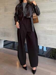 Pantalones casuales y elegantes de mujer, de unicolor, con botones, cremallera y pliegues, de color marrón, versátiles para la oficina, para primavera/verano - Marrón - Ver 3