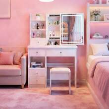 Vanity Desk With Sliding Mirror And Lights, 3 Color Lighting Modes Brightness Adjustable, Makeup Vanity Set With Drawers, Stool And Open Shelves, Dressing Table For Bedroom - View 9