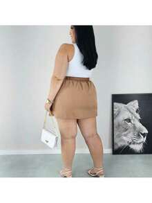 Short Skirt Plus Size Tailored With Belt Various Colors Summer - Beige - View 3