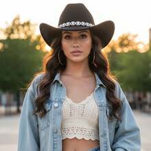 Rhinestone Cowboy Hat For Women, Summer Hats For Women Fashion Western Cowgirl Hats, Elegant Wide Brim Fedora Cap For Party & Daily - 黑色-Rhinestone Cowboy Hat - 查看 2