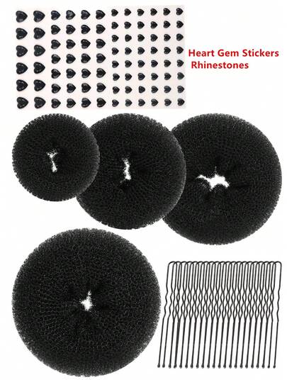 Set de 4 moldeadores de moño con tamaños extra grande, grande, mediano y pequeño, 20 horquillas grandes de color crema y 84 pegatinas de gemas con forma de corazón para manualidades