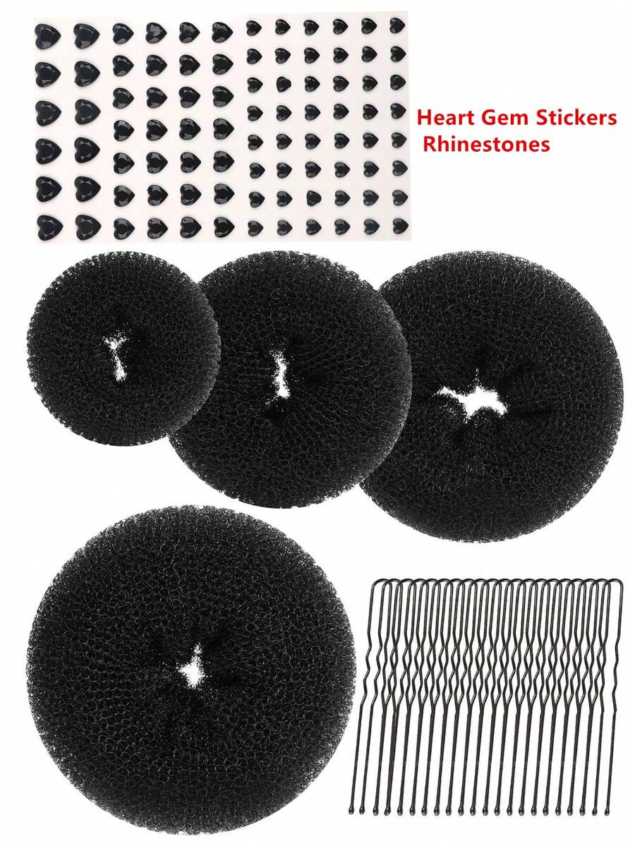 4pcs Hair Bun Shaper Set With Extra-Large, Large, Medium, Small Donut Hair Bun Maker, 20pcs Large Bobby Pins, Cream Color And 84pcs Heart Gem Stickers Rhinestones For Crafts