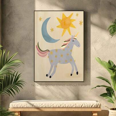 Unicorn, Sun And Moon Hand-Painted Unicorn Wall Art For Kids' Rooms, Children's Room Decoration, Fun Art Prints, Colorful Wall Paintings, Cute Starry Sky Theme, Newborn Baby Girl.