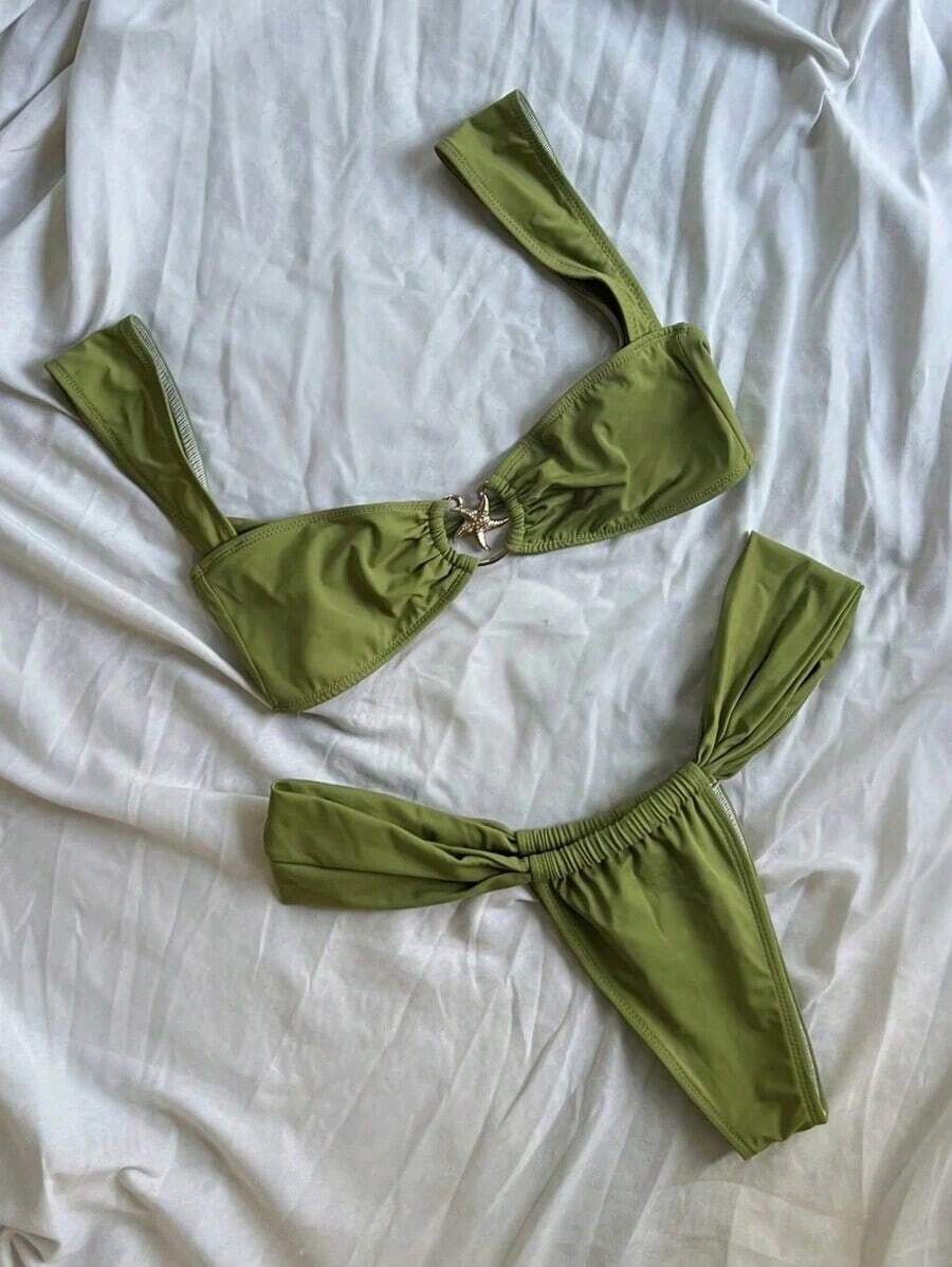 New Arrival Spring/Summer European And American Fashion Women Metal Starfish Decor Olive Green Sexy Elegant Bikini Set Set, Beach Holiday Party Date Vacation - xanh quân đội - Xem 1